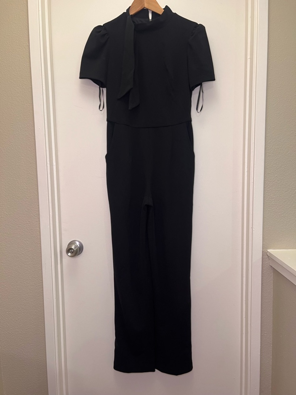 Maggy London Black Jumpsuit Tie Neck Puff Sleeve Wide Leg US 2 - Picture 2 of 13